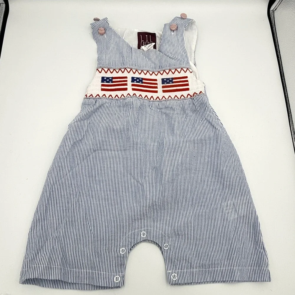 Lil Cactus Baby Smocked American Flag Seersucker Romper Blue White 18-24M